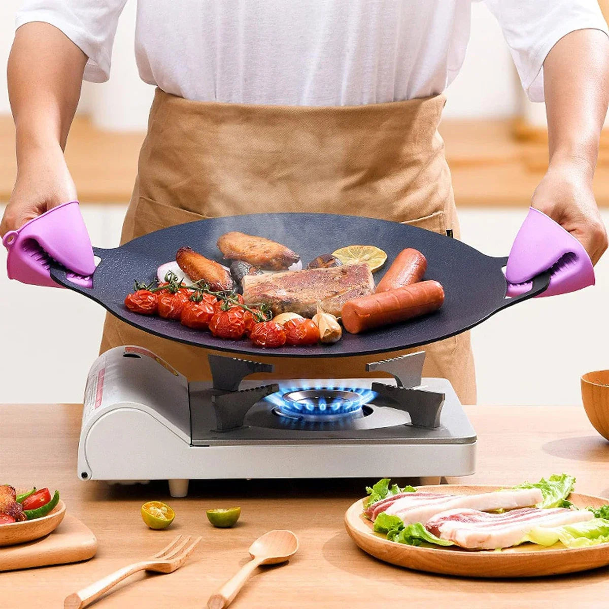 Assiette de grillade ronde antiadhésive – Poêle portable pour la maison et les pique-niques en plein air, plaque sans fumée pour barbecue